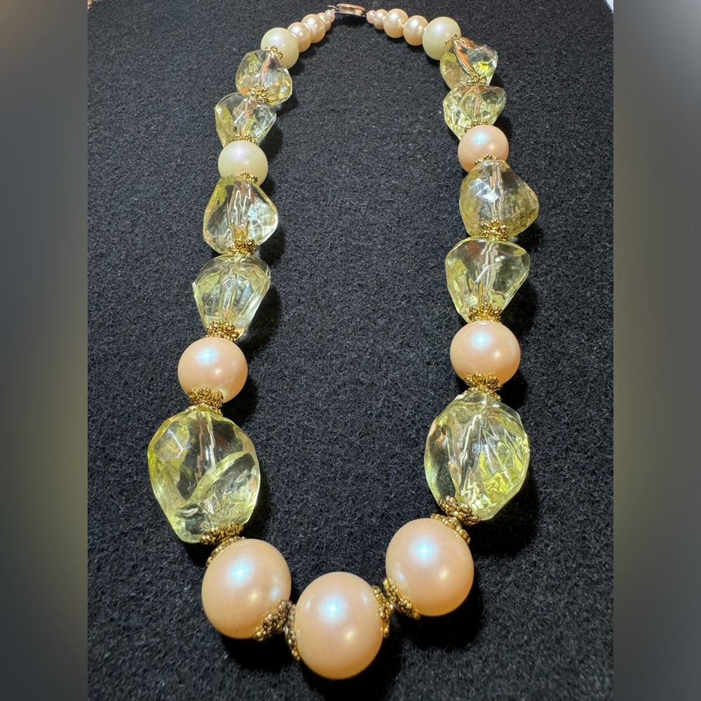 Vintage Yellow+Green Tan ART GLASS 2 Strand Bead Beaded Necklace